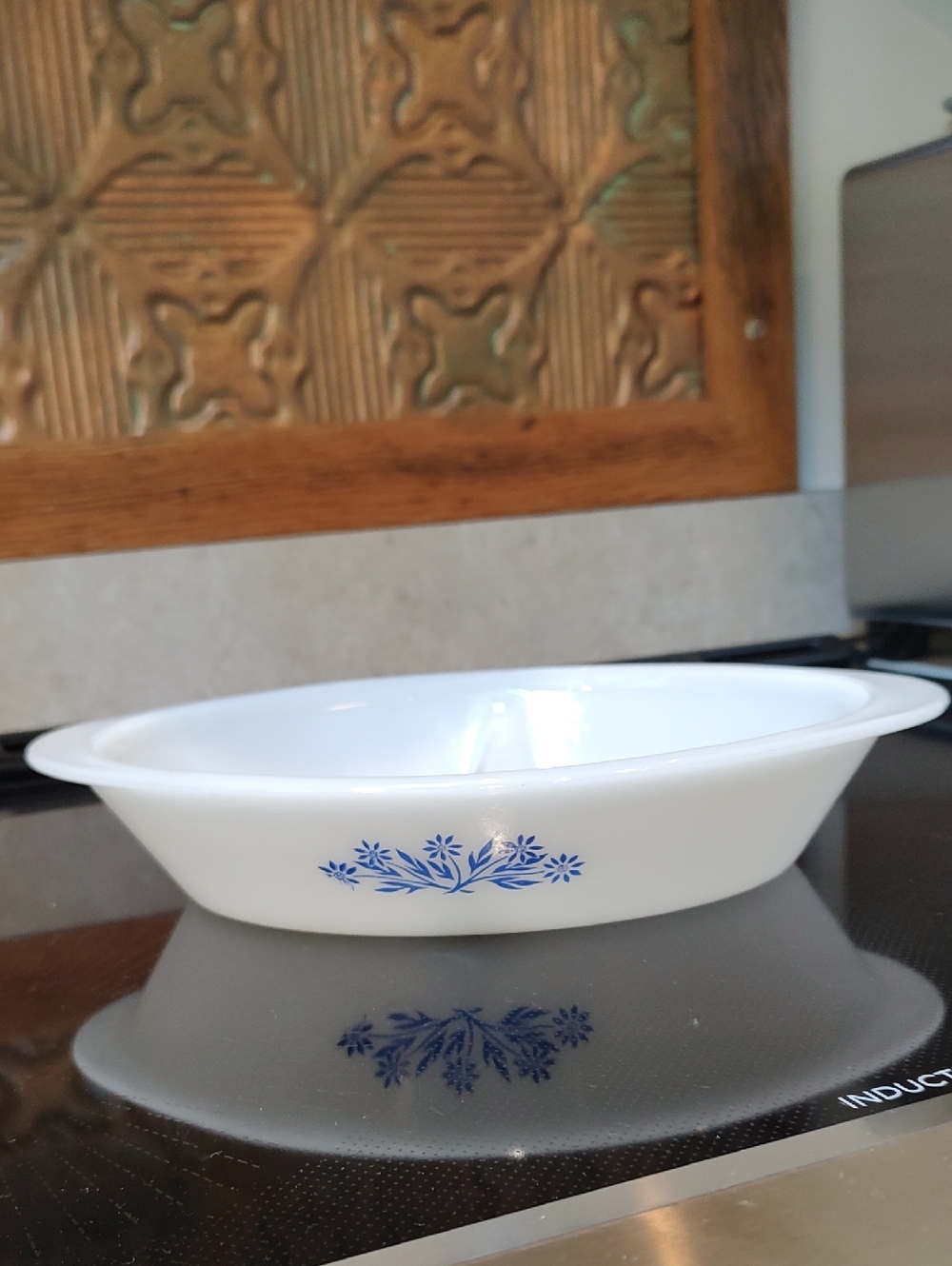 Vintage, Glasbake Divided Serving Dish with Blue Floral Accent
